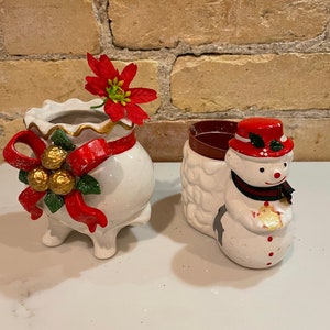 Vintage Weihnachtskeramikpflanzer-Set, zweier Set, einer ist Schneemann, 1950er Jahre