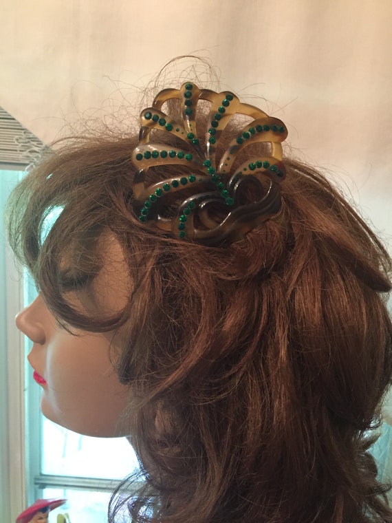 Buy Antique Celluloid Hair Comb Emerald Green Rhinestones on  display picture 1