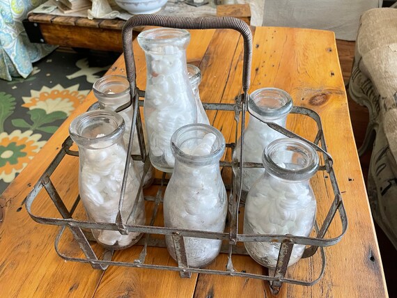 Vintage Glass Milk Bottles in a Wire Carrier - Organized Clutter