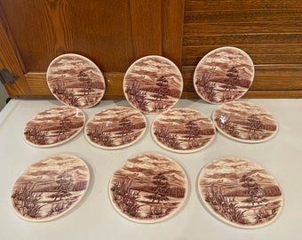 Vintage Ironstone England Small plates/coasters Ulswater Brown transferware set of 9