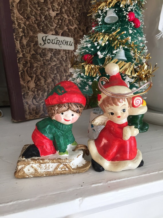 Vintage Christmas Angel Ornament Ceramic Made in Japan Set of Two
