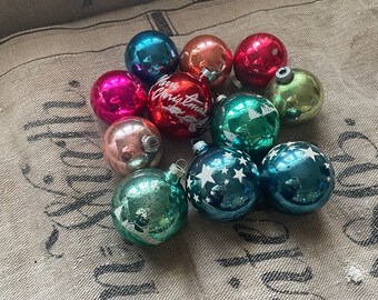 Vintage Christmas Tree Mercury Glass Ornament Balls with stenciled pictures group of 11