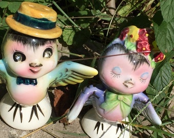 Vintage  Bluebird salt and pepper  Shakers with Rhinestone eyes Lefton  Made in Japan Kawai Kitsch