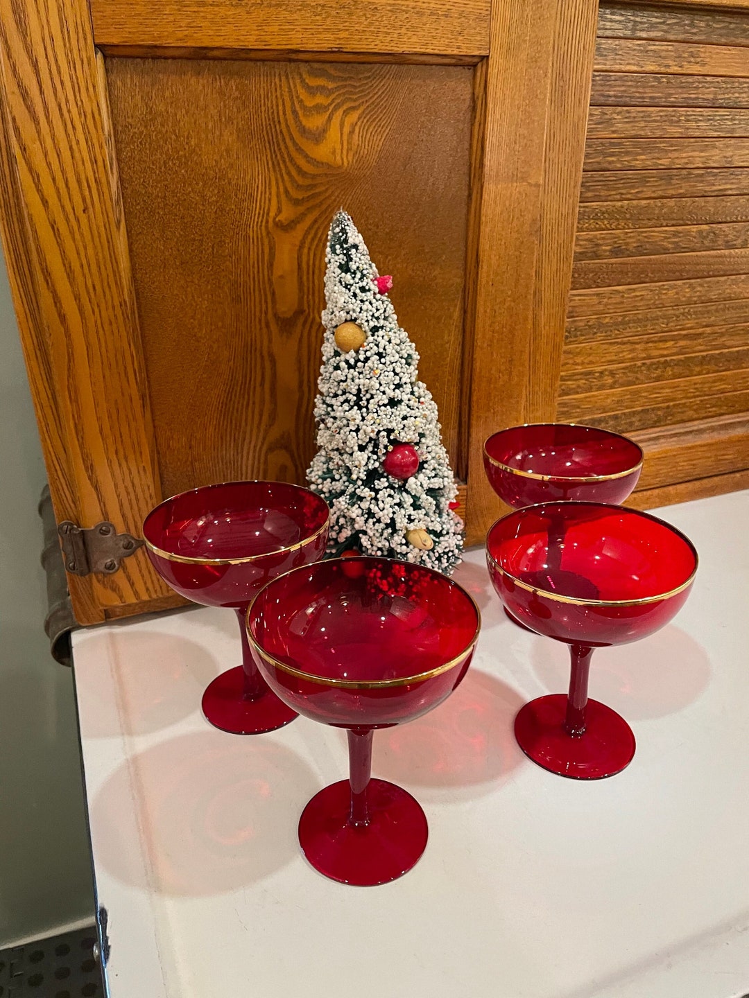 Vintage Ruby Red Champagne Glasses Gold Rimmed Set of Four Flawless - Etsy