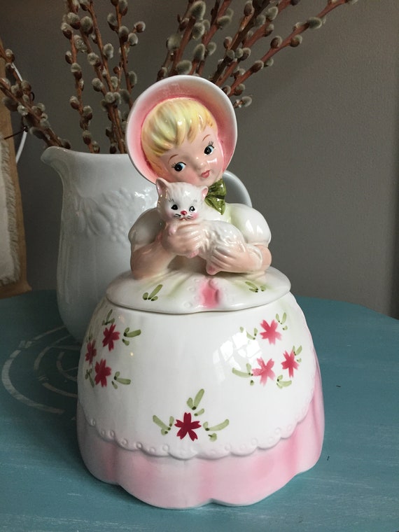 Vintage Lefton Cookie Jar Girl With Kitty Cat Rare Pink