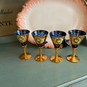 Vintage set of 4  enamel hand painted Cobalt Bohemian Wine glasses