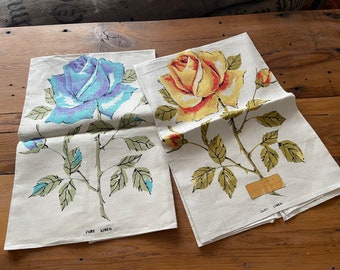 Vintage Pure linen handprinted tea towels yellow roses, blue rose 1950s kitsch NOS with original foil stickers sold separately