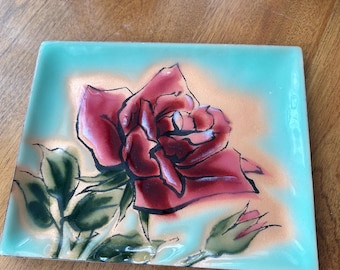 Vintage Ando Cloisonné Enamel tray with red roses