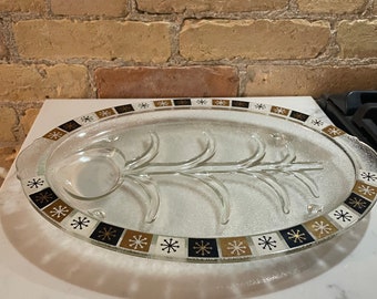 Vintage Atomic Midcentury Modern Snowflake Serving platter black and gold Federal glass Pyrex pattern Turkey plate