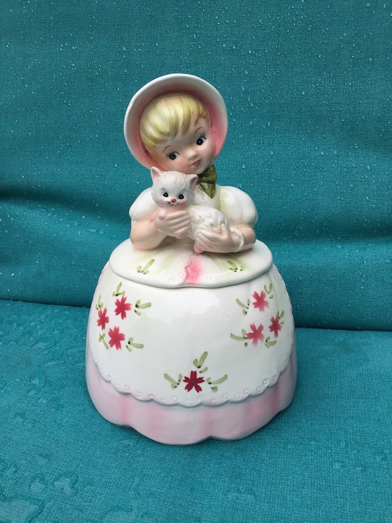Vintage Lefton Cookie Jar Girl With Kitty Cat Rare Pink