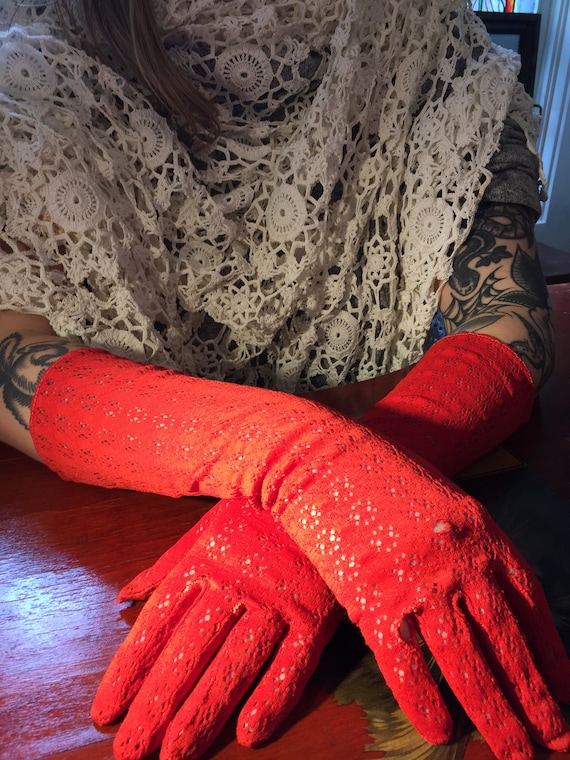 Vintage Lace Gloves Red Long - image 10