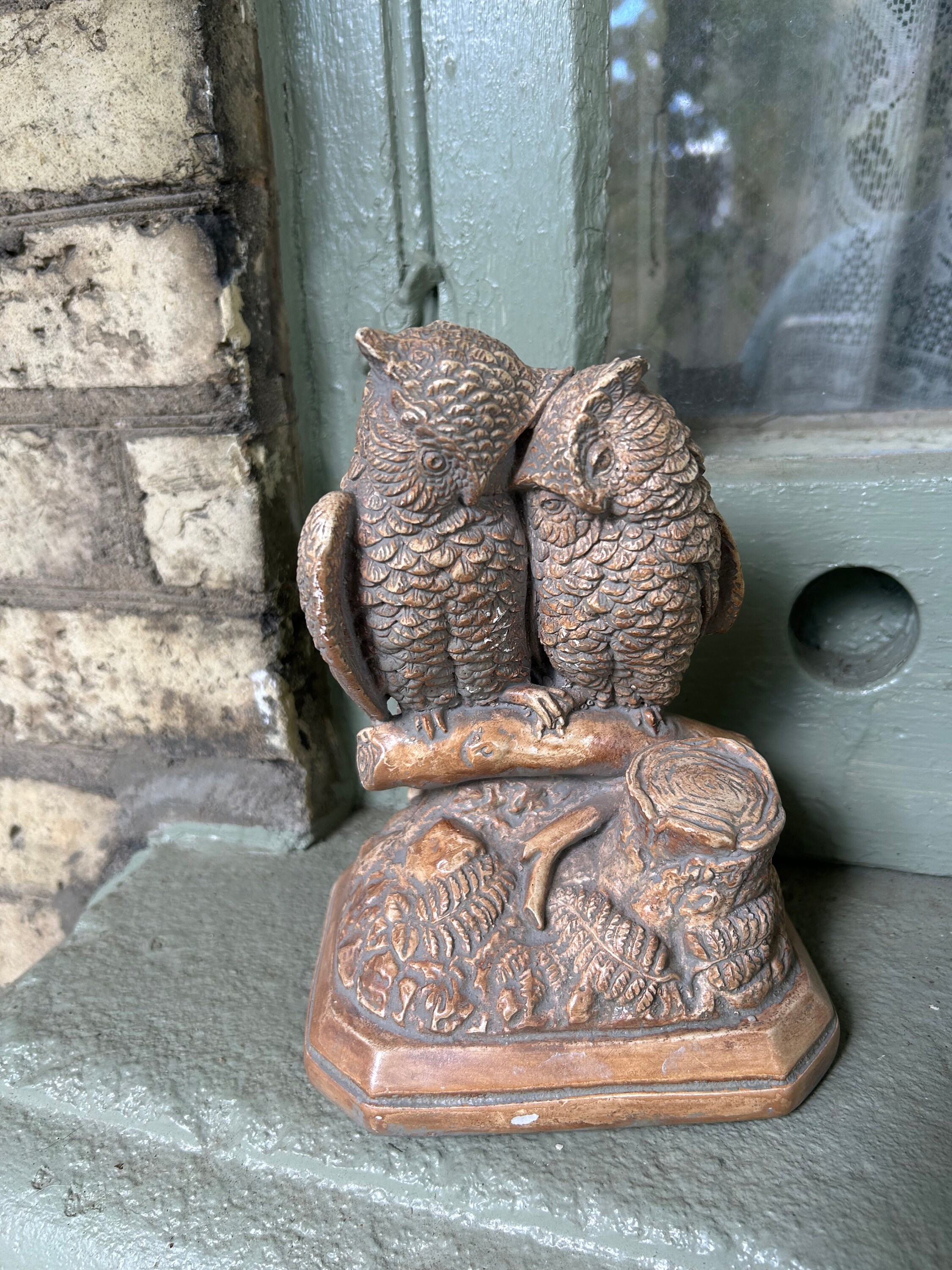 Antique Borghese English Victorian Owl Couple Embracing Majolica