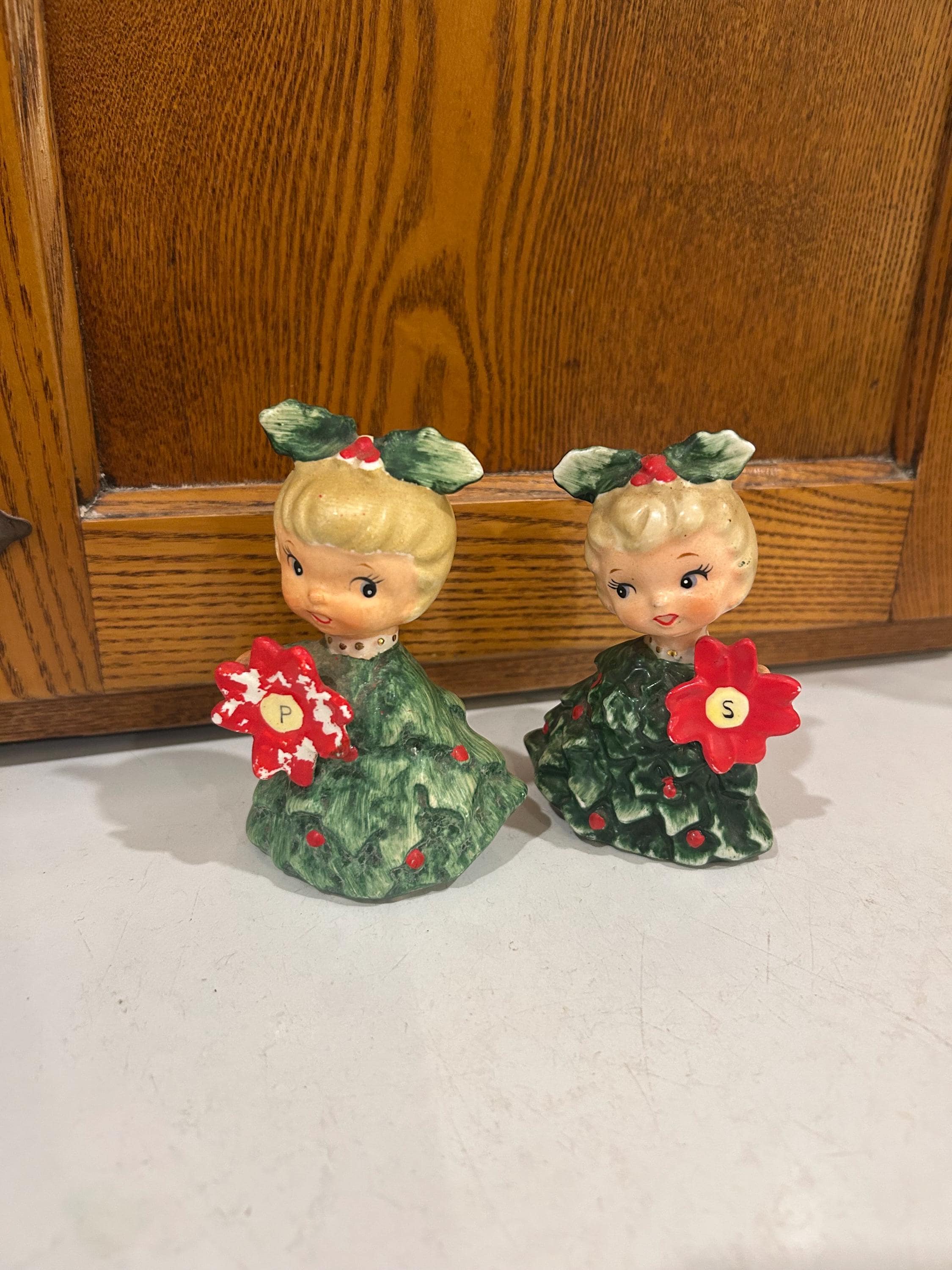 Vintage Holt Howard Holly Girls Poinsettia Salt and Pepper Shakers