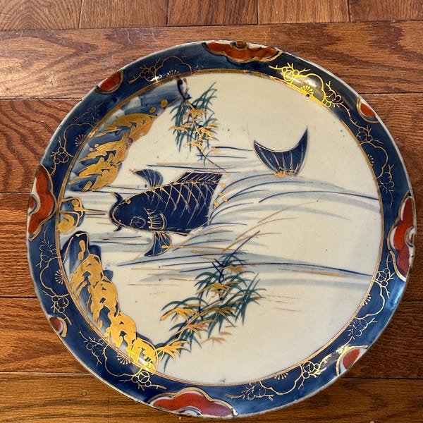 Vintage chinesische Platzteller Koi Karpfen Blau Weiß Qing/ Republik