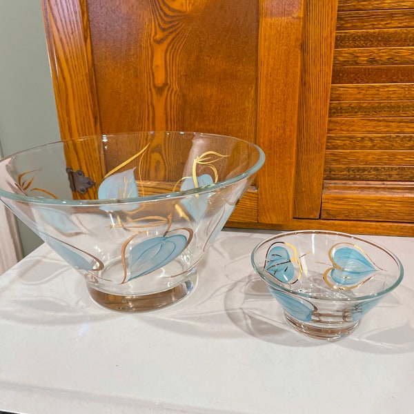 Vintage Anchor and Hocking chips and dip set blue leaf Midcentury modern