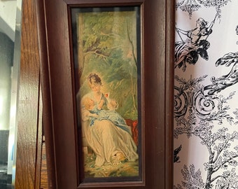 Vintage Victorian print of mother and baby in Mission style wood frame