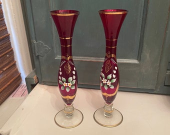 Vintage set of two  ruby red Bohemian glass bud vases with enameled painting lovely valentines decor