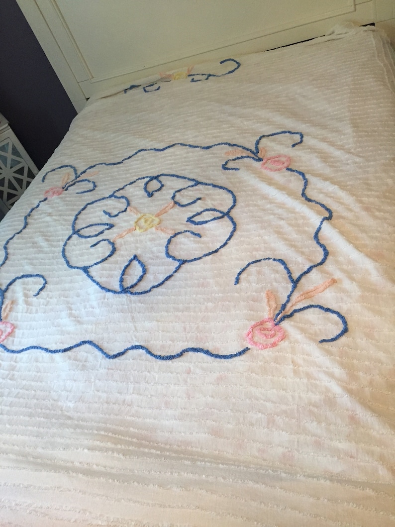 Vintage Chenille Bedspread Queen Size Pink and Blue Floral on Etsy