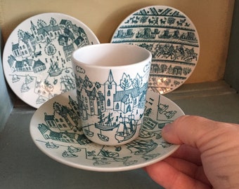 Vintage Danish Nymolle Art Faience Hoyrrup Green Demitasse and three saucers Denmark limited edition