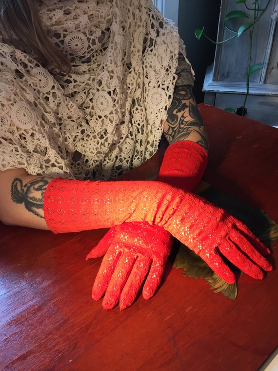 Vintage Lace Gloves Red Long - image 2