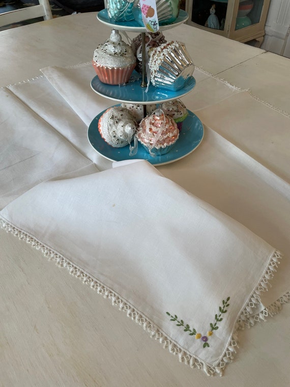 Vintage white linen embroidered small tablecloth