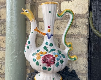 ヴィンテージ イタリア製 陶器 花瓶 ピッチャー 手描き 鳥 鳩 9012