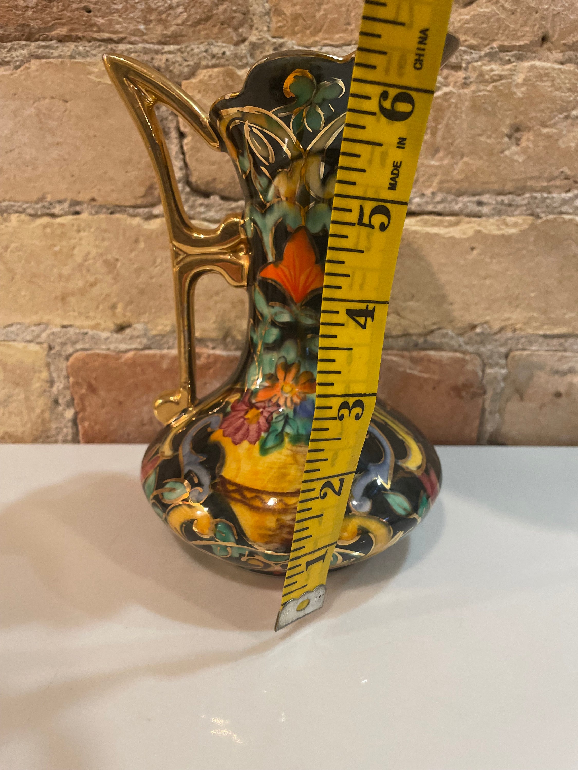 Vintage Black Vase Pitcher Belgium H. Bequet Quaregnon Floral