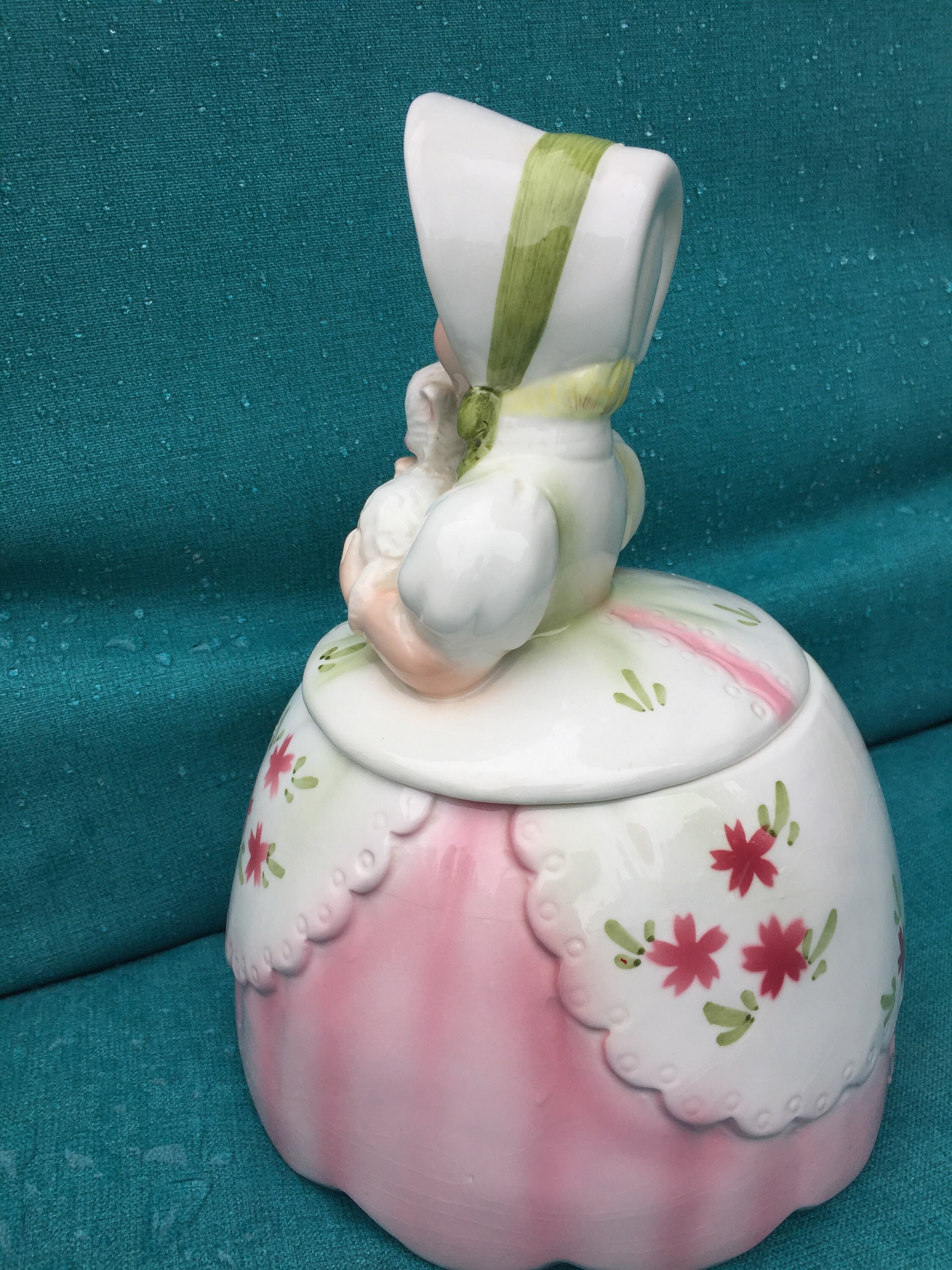 Vintage Lefton Cookie Jar Girl With Kitty Cat Rare Pink Canister