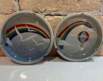 vintage Otagiri Ashtray Rainbow and hot air balloon or rainbow and seagulls 1980s kitsch