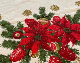 Vintage Poinsettia Tablecloth Christmas 63 X 48