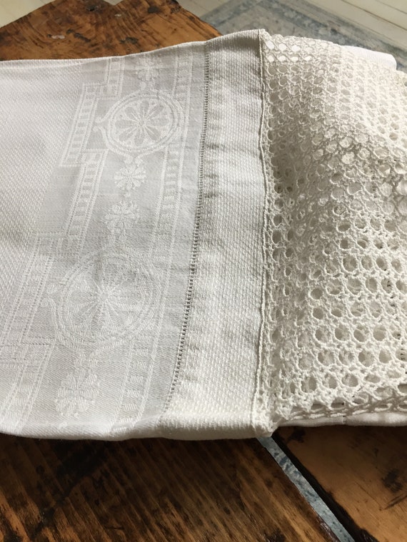 Vintage White Cotton Towel Antique Damask Linen With Crochet Etsy