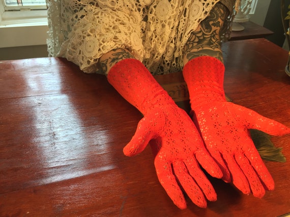 Vintage Lace Gloves Red Long - image 7