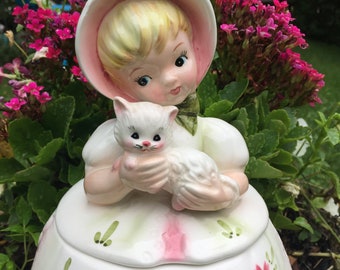 Vintage Lefton Cookie Jar Girl With Kitty Cat Rare Pink Canister