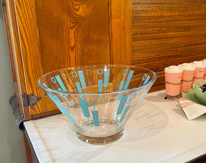 Midcentury Modern Turquoise and Gold Glass Serving Bowl Atomic New Age