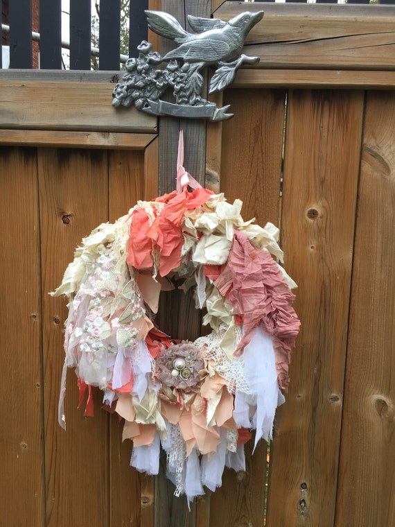 French Shabby Chic Rag Wreath Pink Peach Vintage Lace and Fabric