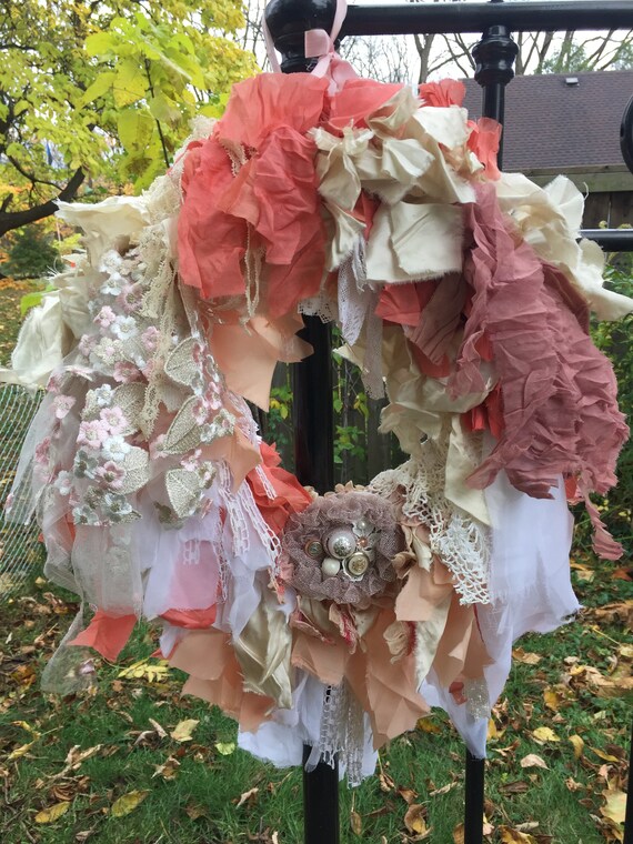 French Shabby Chic Rag Wreath Pink Peach Vintage Lace and Fabric