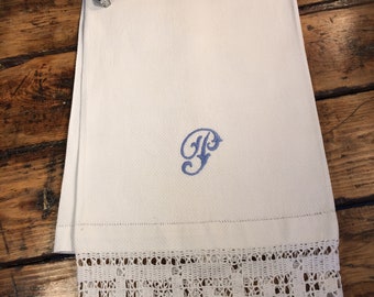 vintage monogrammed “P” towel linen with blue stitching  lace crochet trim