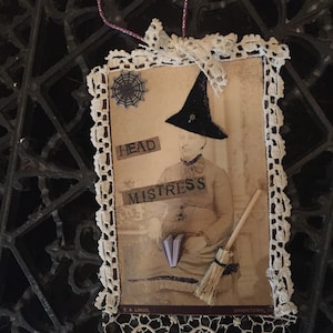 Kopf Herrin Antike Hexe Fotografie Upcycling Kabinett Karte Halloween Dekor