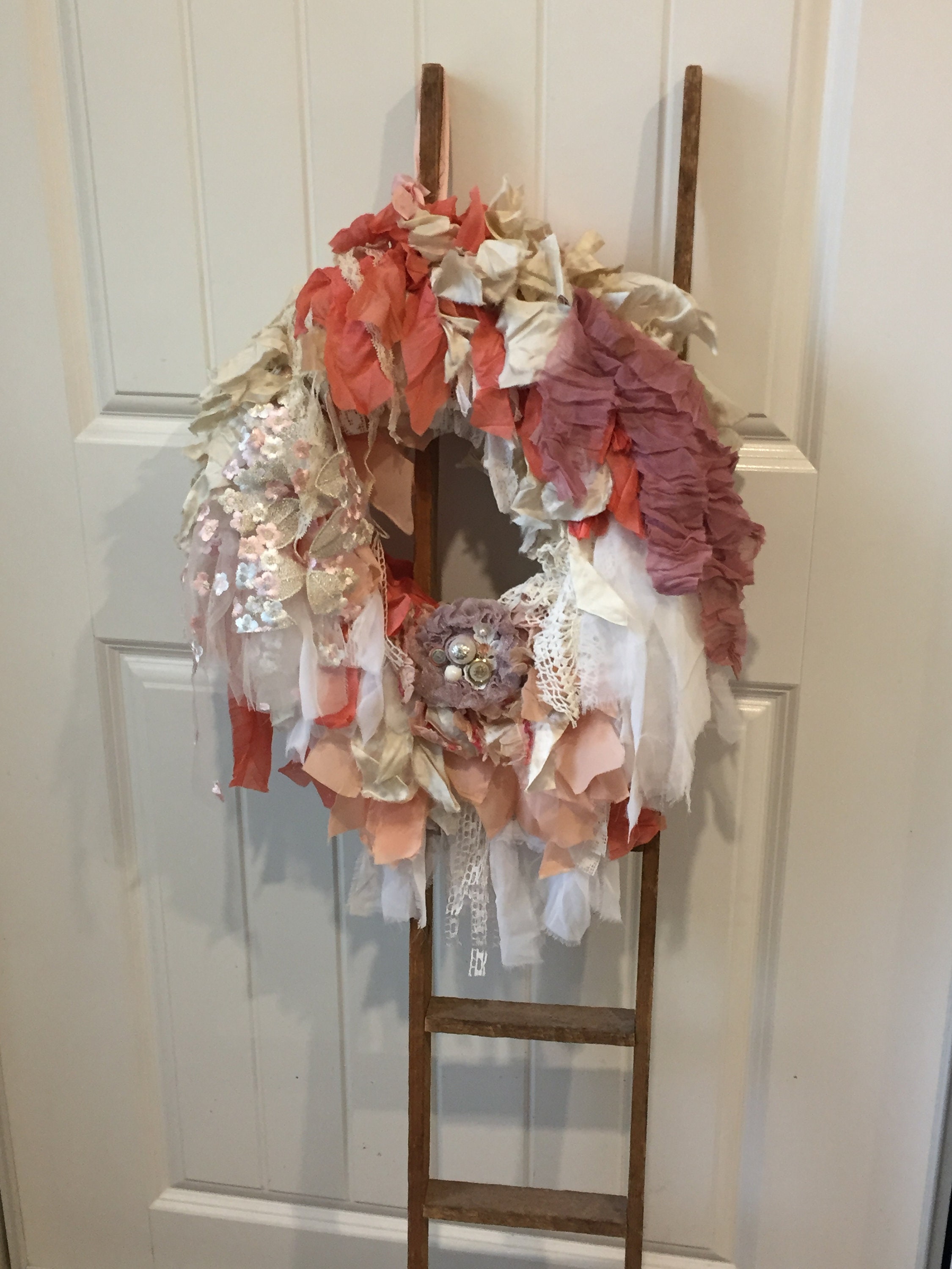 French Shabby Chic Rag Wreath Pink Peach Vintage Lace and Fabric