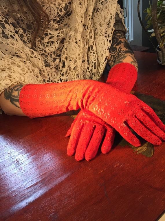 Vintage Lace Gloves Red Long - image 1