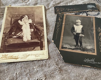 Vintage Black and white photographs of children “little Soldier” and girl in furs sepia cabinet photos set of two