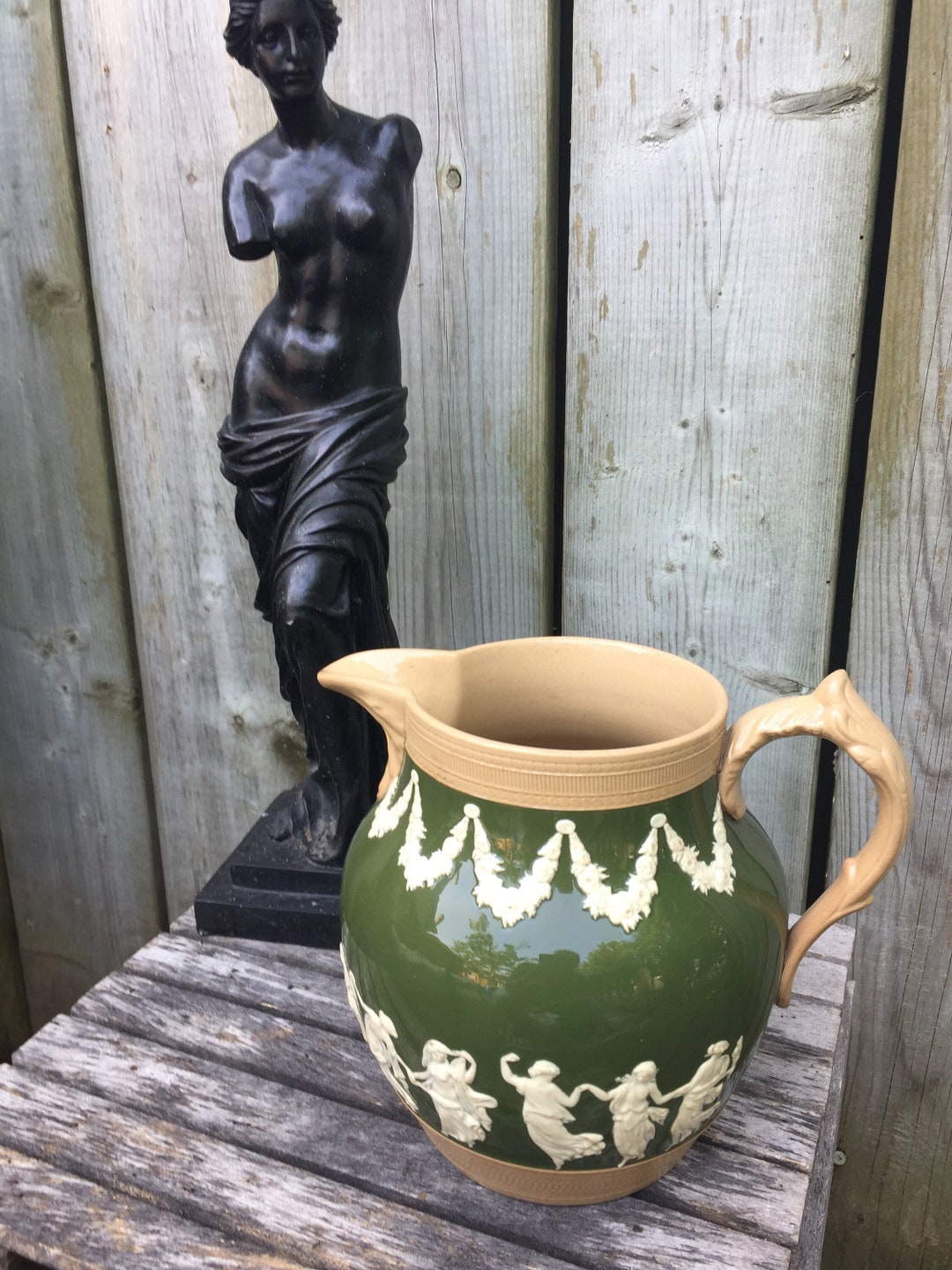 Vintage Spode Jasperware Jug Dancing Hours Dark Green 1800s English