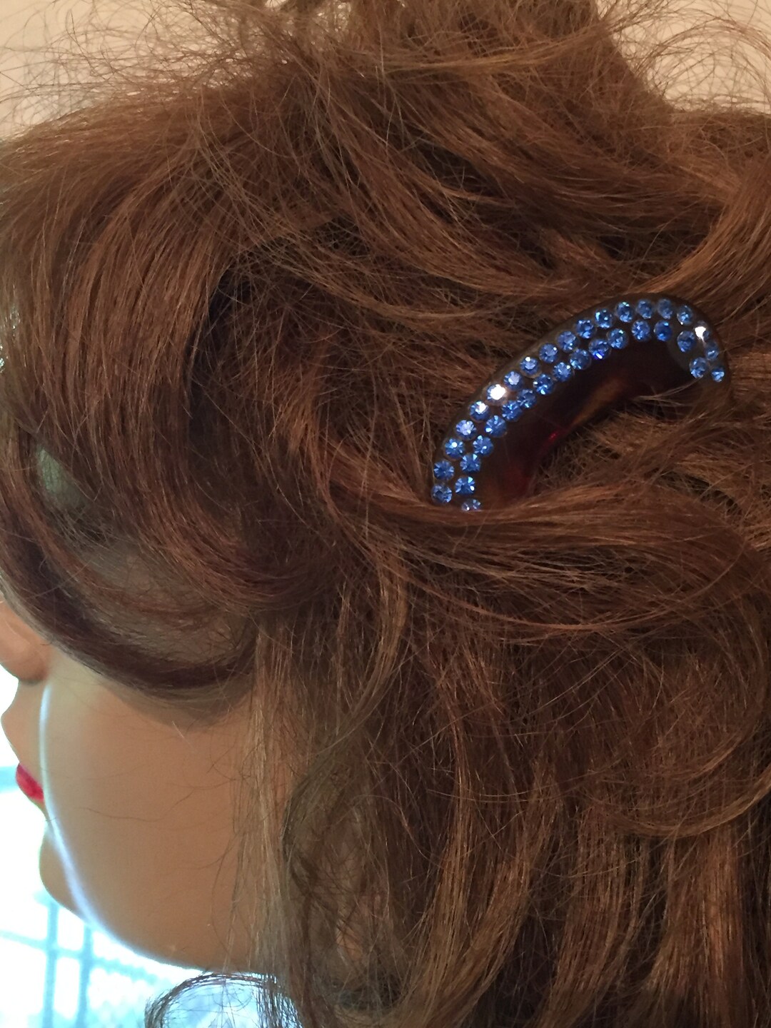 VINTAGE ART DECO 4-PRONG TORTOISESHELL HAIR COMB WITH BLUE FACETED RHINESTONES Vintage Art Deco Hair Comb Celluloid and Blue Sapphire  main image 3