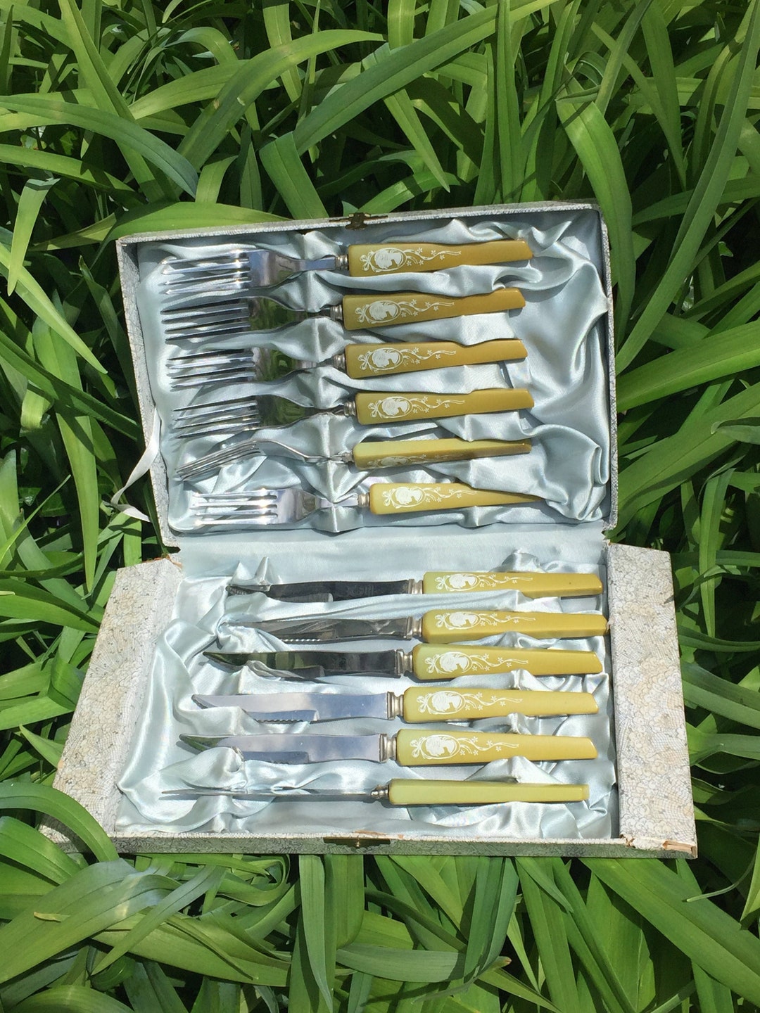 Vintage Flatware Boxed Set Avocado Green Stainless Steel Sheffield
