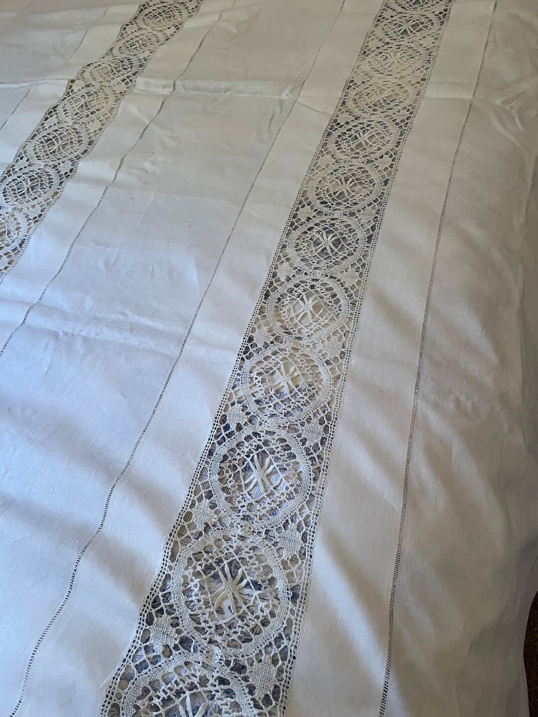 Vintage Lace Bedspread Made in Holland Linen Inset Handcrafted Lace