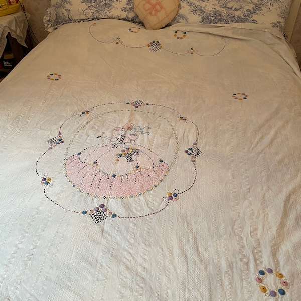 Vintage bedspread Seersucker/Chenille with petticoat girl and parasol embroidered trim 1940s