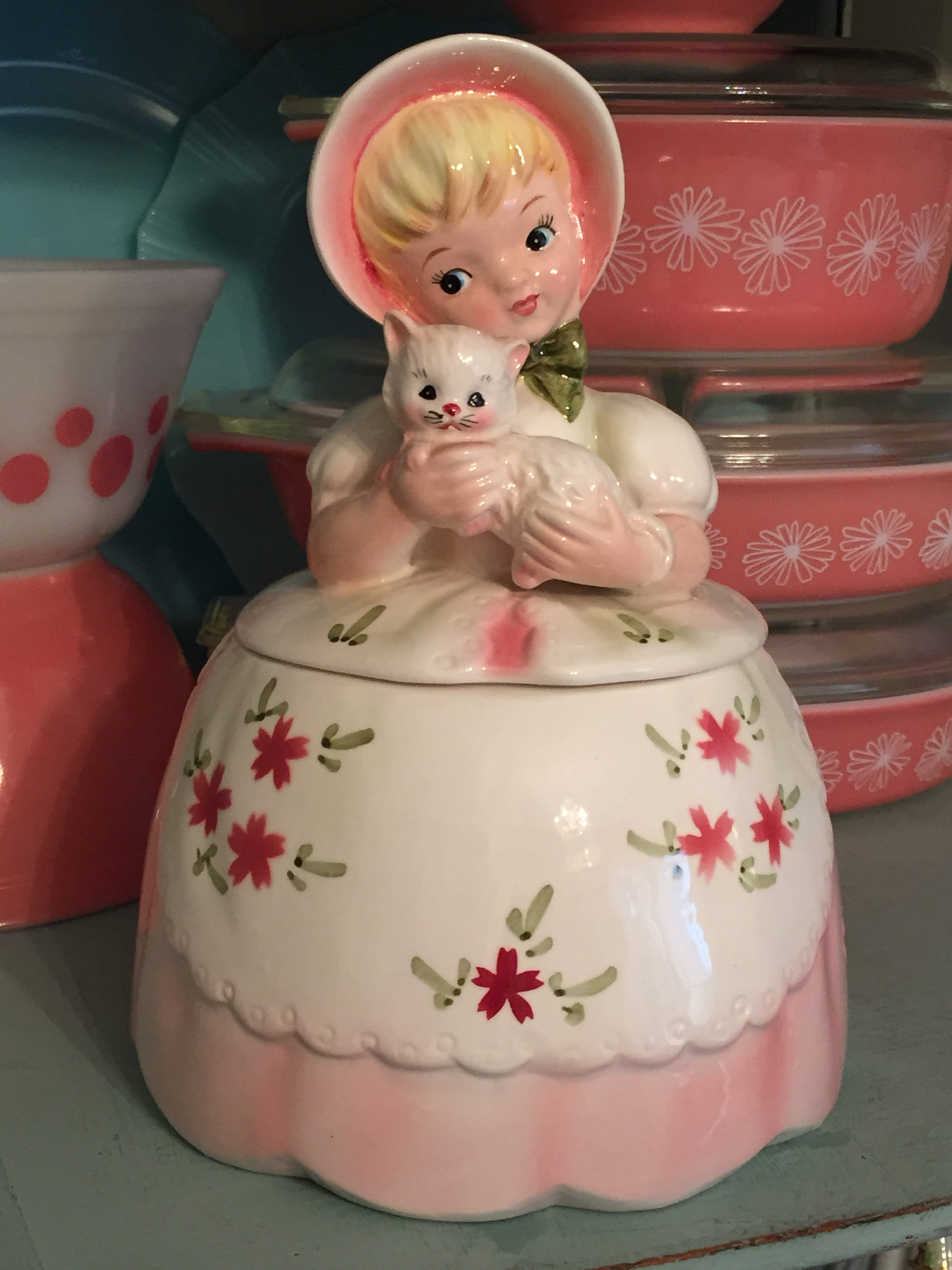 Vintage Lefton Cookie Jar Girl With Kitty Cat Rare Pink