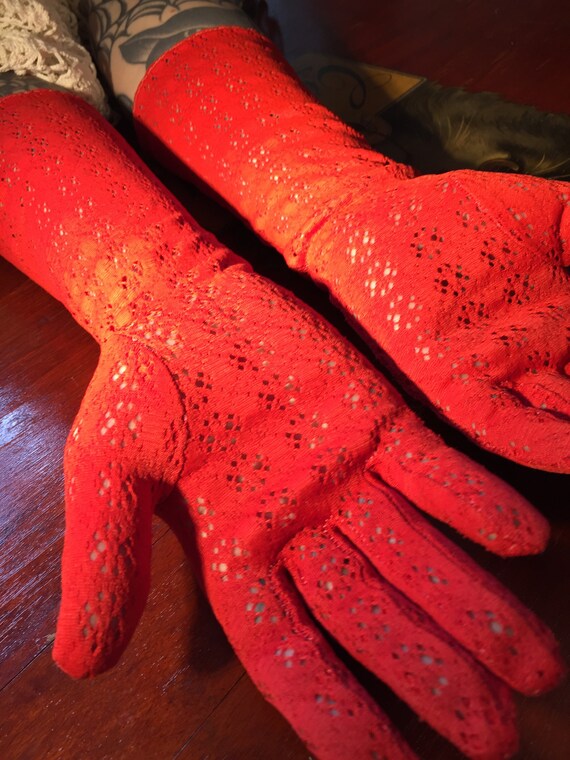 Vintage Lace Gloves Red Long - image 6