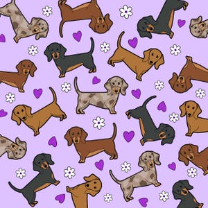 K&ouml;nnte beinhalten: Ein nahtloses Muster mit verschiedenen Dackeln in verschiedenen Farben und Posen auf einem hellvioletten Hintergrund. Die Hunde sind von wei&szlig;en Blumen und violetten Herzen umgeben.
