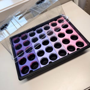 May include: A black plastic seed starting tray with a clear plastic lid. The tray is divided into sections of purple, lavender, and pink, each with round planting cells. The lid has adjustable vents for humidity control.
